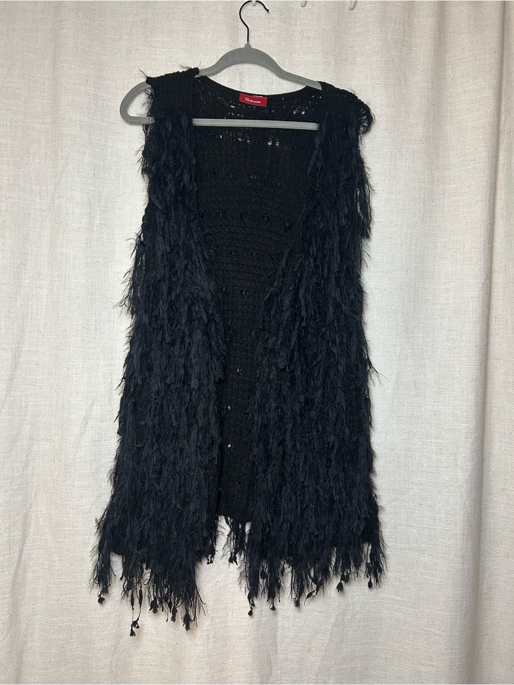 Panhandle Slim Black Shaggy Fringe Knit Vest Open Front Size M Western Boho